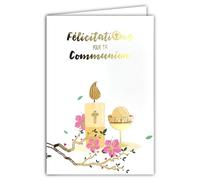68-6002 Carte Félicitations pour ta COMMUNION en Or Doré Brillant avec Enveloppe 12x17,5cm pour Jeune Fille Chrétienne Catholique Bougie Pain Ostie Coupe Calice Ciboire Fleurs Fabrication Française