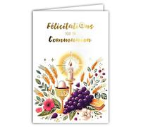 68-6003 Carte Félicitations pour ta COMMUNION en Or Doré Brillant avec Enveloppe 12x17,5cm pour Jeune Chrétien(ne) Catholique Bougie Blé Pain Ostie Coupe Calice Raisins Vin Bible Fabrication Française