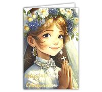 68-6004 Carte Félicitations pour ta COMMUNION en Or Doré Brillant avec Enveloppe 12x17,5cm pour Jeune Fille Chrétienne Catholique en Aube Chasuble Blanche et Couronne de Fleurs Fabrication Française