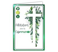 68-6006 Carte Félicitations pour ta Communion pour Garçon Fille Croix Chrétienne Catholique Feuillage Champêtre Vert Brillant - Avec Enveloppe Blanche Format 12x17,5cm - Fabriqué en France