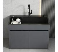 68/80 CM Évier Inox de Cuisine Noir 1 Bac Professionnel, Évier Commercial avec Placards de Rangement et Robinet Eau Chaude/Froide, Égouttoir pour Salle de Bain, Restaurant, Buanderie