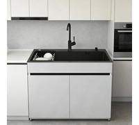 68/80 CM Évier Inox de Cuisine Noir 1 Bac Professionnel, Évier Commercial avec Placards de Rangement et Robinet Eau Chaude/Froide, Égouttoir pour Salle de Bain, Restaurant, Buanderie