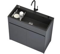 68/80 cm Évier Inox indépendant 1 Bac avec Robinet Chaud/Froid, Évier de Cuisine Commercial avec Armoire de Rangement et Panier Égouttoir pour Usage Intérieur, Extérieur