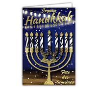 68-8006 Carte Happy Hanukkah Hanoucca Fête Juive des Lumières Judaïsme Chandelier à 9 Branches Étoile de David en Or Doré Brillant Guirlande Toupies à 4 faces Enveloppe Blanche Format 17,5x12cm AFIE