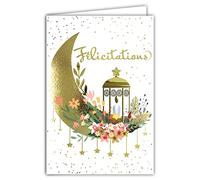 68-9005 Carte Félicitations pour Naissance Bébé Baptême Mariage Fêtes diverses Fleurs étoiles Bougie Lanterne Croissant de Lune en Or Doré Brillant Cadeau avec Enveloppe Blanche Format 17,5x12cm