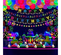 68 PCS Glow Party Supplies Set Glow in the Dark Birthday Banner UV Black Light Reactive Cake Topper Swirls Glow Ballons Étoiles au néon Note de musique Étoiles Guirlandes Décorations de fête au néon