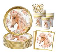 68 Pièce Assortiments Cheval Vaisselle de Fete, Vaisselle Anniversaire Cheval, Decoration Anniversaire Chevaux Assiette Tasse Serviette