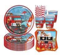 68 Pièce Assortiments Pompier Vaisselle de Fete, Vaisselle Anniversaire Pompier, Decoration Anniversaire Enfant Assiette Tasse Serviette