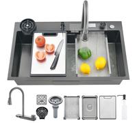 68 x 46 cm Black-Gray Stainless Steel Drop-in Kitchen Sink Modern Single Bowl with Pull-out Spray Faucet Cup Washer & Accessories for Easy Cleaning