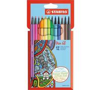 STABILO Pen 68 - Feutre dessin - Etui carton x 12 feutres de coloriage pointe moyenne - Coloris classiques