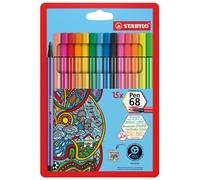 STABILO Pen 68 - Feutre dessin - Etui carton x 15 feutres de coloriage pointe moyenne - Coloris assortis dont 5 FLUO