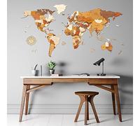 68travel Carte du monde en bois pour décoration murale - bois teinté multicolore, multicouches, noms gravés - Effet 3D unique - Pour salon, bureau ou chambre (L120 120x60 cm - Traveler)