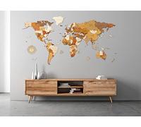 68travel Carte du monde en bois pour décoration murale - bois teinté multicolore, multicouches, noms gravés - Effet 3D unique - Pour salon, bureau ou chambre (XL 200x100 cm - Traveler)