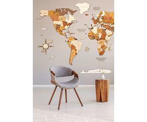 68travel Carte du monde en bois pour décoration murale - bois teinté multicolore, multicouches, noms gravés - effet 3D unique - pour salon, bureau ou chambre (L150 Adventurer 150x85 cm)
