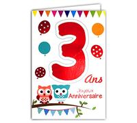 69-2103 Carte Joyeux Anniversaire 3 ans Enfant Garçon Fille - Chouettes Hiboux Oiseaux Ballons Fanions
