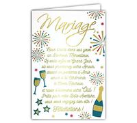 69-3045 Carte Félicitations Mariage - Mots en Dorure Or Doré Qui Brille - Feu D'artifice Étoiles Vin Pétillant - Livrée avec Enveloppe - Format Carte Fermée 11,5x17cm - Fabriquée en France