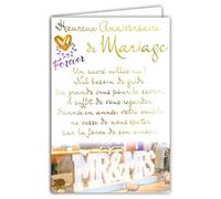 69-3047 Carte FÉLICITATIONS ANNIVERSAIRE de MARIAGE mots en dorure OR doré qui brille ; Livrée avec enveloppe couleur assortie ; Format Carte fermée 11,5x17cm ; Fabriqué en France