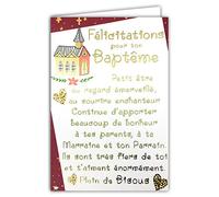 AFIE 69-3051 Carte FÉLICITATIONS BAPTÊME PARRAIN MARRAINE texte mots en dorure OR doré qui brille ; Livrée avec enveloppe couleur assortie ; Format Carte fermée 11,5x17cm ; Fabriqué en France ;