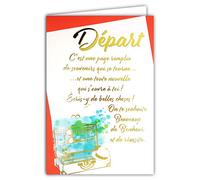 69-3055 Carte DÉPART Retraite ou Déménagement avec Enveloppe Couleur Assortie Grand Texte Mots en Or Doré brillant Nouvelle Page Bonheur Réussite Valise Voyage Format 11,5x17cm Fabriqué en France