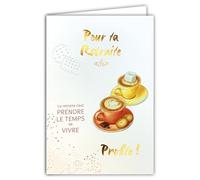 69-3145 Carte Départ Retraite Profite Prendre le temps de vivre Cafés Gourmands Peinture Aquarelle - Finitions Dorure Or Doré + Gaufrage en Relief +1 Enveloppe Format 12x17cm - Fabriqué en Europe