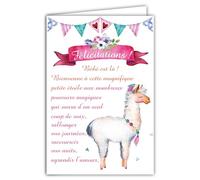 AFIE 69-3929 Carte Félicitations Naissance Fille Bienvenue à Bébé Grand Texte Rose Fleuri Fête Fanions Lama - Carte qui s'ouvre avec Enveloppe Format 12x17,5cm