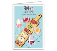 69-4307 Carte Joyeux Anniversaire avec Enveloppe - Affichette Mini Posters Format 17x11,5cm - Apéro Pique-nique Amis Boire Verres de Vin Planche Saucisson Fromage Bruschetta Toasts Rétro Vintage