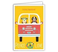 69-4323 Carte Heureux Anniversaire avec Enveloppe - Mini Poster Format 17x11,5cm - Peace and Love Automobile - Voiture de Collection Chiens Lunettes Rétro Vintage - Fabriquée en France