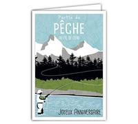 AFIE 69-4330 Carte Joyeux Anniversaire avec Enveloppe - Mini Poster Format 17x11,5cm - Partie de Pêche - Pêcheur à la Ligne Mouche Hameçon Montagnes Forêt Rétro Vintage - Fabriquée en France
