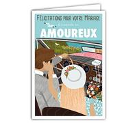 69-4333 Carte Félicitations Mariage - Enveloppe Incluse - Couple Homme Femme - Mini Posters - Amoureux Escapade Voyage de noces Voiture des Mariés Rétro Vintage - Fabriquée en France