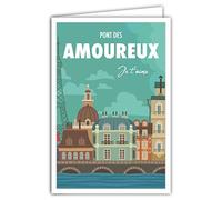 69-4334 Carte Je t'aime Saint Valentin 14 février Pont des Amoureux pour Couple Homme Femme - avec Enveloppe Format 17,5x12cm Paris Romantique Tour Eiffel Rétro Vintage LOVE Bleue Fabriqué en France