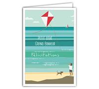 AFIE 69-4336 Carte Félicitations Petit Bébé Grand Bonheur avec Enveloppe pour Naissance Baptême Adoption Anniversaire Garçon Cerf-Volant Chien Rétro Vintage - Affichette Mini Posters Format 17x11,5cm