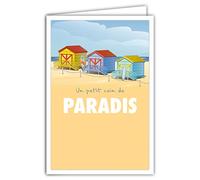 69-4340 Carte Postale Un petit coin de Paradis avec Enveloppe - Affichette Mini Posters Format 17x11,5cm Cabines Plage Sable Surf Vacances Journée à la Mer Départ Retraite Rétro Vintage Beige