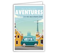 69-4341 Carte Départ Vers Nouvelles Aventures avec Enveloppe, Affichette Mini Posters Format 17x11,5cm, Retraite Déménagement Changement Vie Voyage Barcelone Espagne Voiture Rétro Vintage Bleu