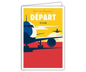 69-4342 Carte Nouveau Départ Au Revoir avec Enveloppe, Mini Posters Format 17x11,5cm, Bonne Continuation Retraite Déménagement Changement Vie Voyage Avion Soleil Rétro Vintage Jaune/Rouge/Bleue