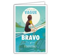 AFIE 69-4346 Carte Félicitations Tu gères avec Enveloppe, Mini Posters Format 17x11,5cm, Surfeuse Vague Succès Réussite Permis Examen Concours Compétition Mer Océan Rétro Vintage Bleu