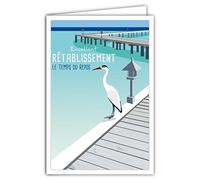 69-4347 Carte Le Temps du Repos Prompt Bon Excellent Rétablissement Enveloppe, Affichette Mini Posters Format 17x11,5cm, Oiseau Grue Blanche Ponton Bois Eau Mer Paradisiaque Rétro Vintage Bleue