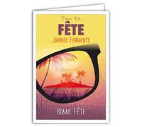 69-4348 Carte Bonne Fête Journée Farniente avec Enveloppe - Affichette Mini Posters Format 17x11,5cm - Prénom Vive Saint Nicolas Sainte Catherine Lunettes Soleil Paradis île Palmier Rétro Vintage