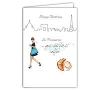 69-4509 Carte Belle Mademoiselle Mlle Parisienne à la Mode Tour Eiffel Croissant Café Clichés élégance française Illustration pour Fille Femme - Avec Enveloppe Format 12x17cm - Fabrication française