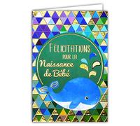 69-5074 Carte Félicitations pour la Naissance de Bébé Garçon Fille Baleine Bleue Animaux