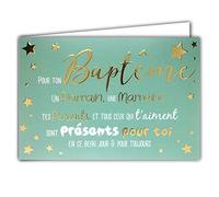 69-5127 Carte Pour Ton Baptême Parrain Marraine Parents qui t'aiment Présents étoiles en or doré brillant ; Livrée avec enveloppe ; Format Carte fermée 17x11,5cm