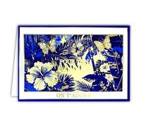 69-5161 Carte Anniversaire Pour ton Anniv On t'adore Fleur Bleue Hibiscus Papillons Feuillage en Or Doré Brillant avec Enveloppe Blanche 12x17,5cm - Créé Imprimé Fabriqué en France