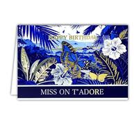 69-5162 Carte Anniversaire Happy BirthDay Miss On t'adore Papillon Fleur Hibiscus Feuillage en Or Doré Brillant avec Enveloppe Blanche 12x17,5cm -Collection Luxe -Créé Imprimé Fabriqué en France