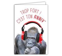 69-6212 Carte Bon Anniversaire Humoristique avec Enveloppe Illustrée format 17,5x12cm Singe Gorille Penseur Drôle Amusant Rigolo avec un Casque audio - Création Fabrication française