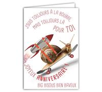 69-6214 Carte Joyeux Anniversaire Humoristique avec Enveloppe Illustrée format 17,5x12cm Escargot Drôle Amusant Rigolo qui arrive en retard en Fusée sur un Skateboard Création Fabrication française