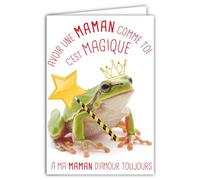 69-6216 Carte pour une MAMAN d'Amour Message Humoristique avec Enveloppe Illustrée format 17,5x12cm Grenouille Verte Animal Drôle Amusant Rigolo avec Baguette Magique Création Fabrication française