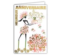 AFIE 69-7066 Carte Heureux Anniversaire Femme Fille Maman Mère Fleurs Flacon Parfum Rose Noir et Or Dorée Fêter Souhaiter Brillant Chic Tendance à la mode