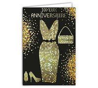 69-7069 Carte Joyeux Anniversaire Femme Fille Maman Mère Noir Or Strass Scintillante Brillant Chic Dorée Robe Sac à main Chaussures à talon haut Fêter Souhaiter Tendance à la mode Disco années