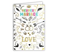 69-7075 Carte Heureux Mariage Félicitations LOVE avec Dorure Or Doré Alliances Couple Bague de fiançailles Cœurs Flèches Oiseaux Colombes Plumes Symboles Fabriqué en France