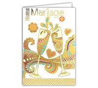 AFIE 69-7077 Carte Heureux Mariage Félicitations avec Dorure Or Doré 2 Deux Flûtes Champagne Vin blanc Pétillant Bulles Volutes Cœurs Fleurs Fabriqué en France