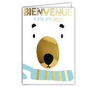 69-7081 Carte Bienvenue à Votre petit Garçon Naissance Baptême ou Adoption Ours en Peluche Polaire Blanc Bleu Or Doré Tendre Mignon Fabriqué en France